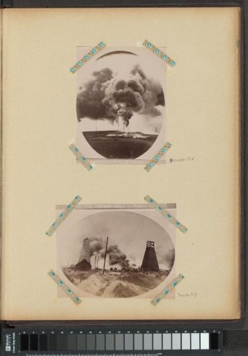 Burning oil well between two drilling towers in Baku