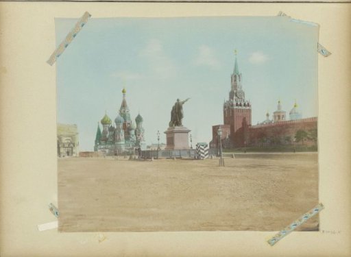 Red Square in Moscow with St. Basil's Cathedral, the monument to Minin and Pozharsky, and the Spasskaya Tower