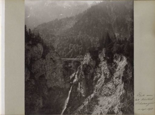 View of a bridge and waterfall at Neuschwanstein Castle in Bavaria