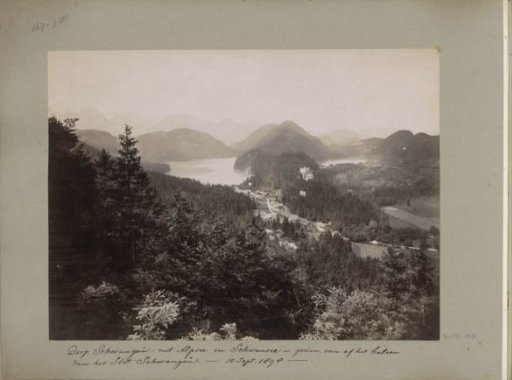 View of the village of Schwangau, Hohenschwangau Castle, the Alpsee (left) and the Schwansee