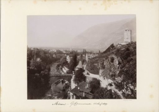 View of Merano with the Gilf Promenade, bridge and tower
