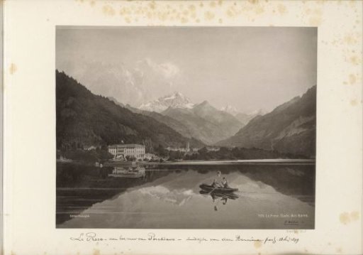 Photoreproduction of (presumably) a drawing by J. Weber, depicting a mountain view at hotel Le Prese in Poschiavo