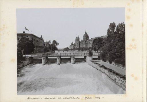 View of the Isar, a bridge and the Markuskirche in Munich