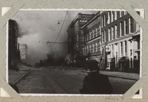 Ruins and smoke clouds in the Van Oldebarneveltstraat in Rotterdam