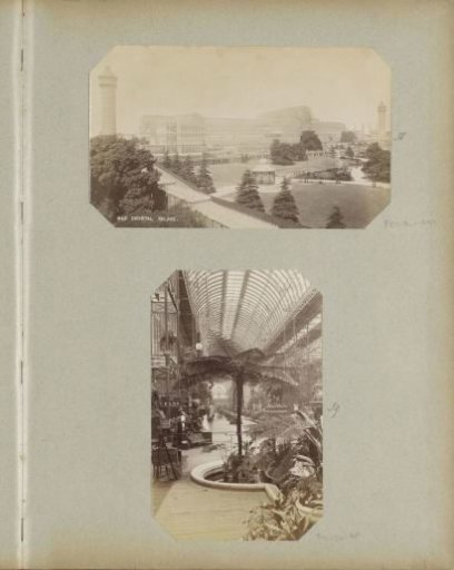 Interior of the Crystal Palace in Sydenham with plants, statues, and benches