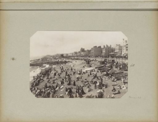View of the beach at Brighton with bathers, bathing carriages, pier, and buildings