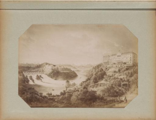 Photographic reproduction (presumably) of a painting depicting the Rhine Falls at Neuhausen