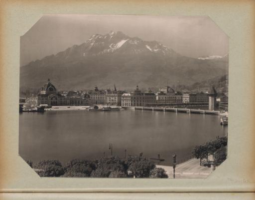View of Lucerne with the railway station on the left and the Pilatus mountain in the background
