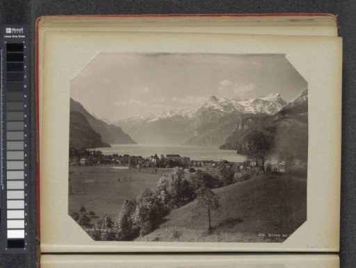View of Brunnen on Lake Lucerne with the Alps in the background