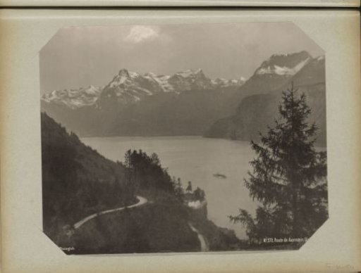 View of Lake Lucerne with the road to Axenstein in the foreground and the Urirotstock in the background