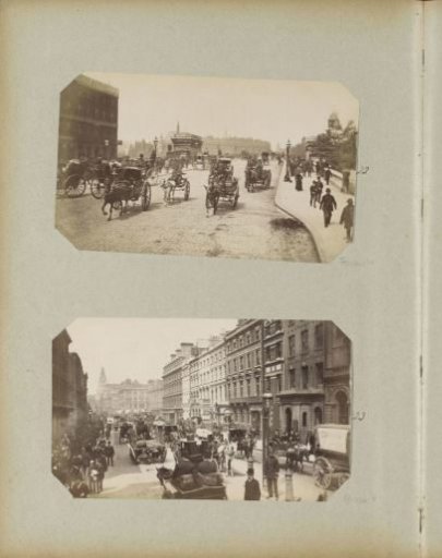 Horse-drawn carriages and passersby on Blackfriars Bridge in London, with the Royal Hotel in the background