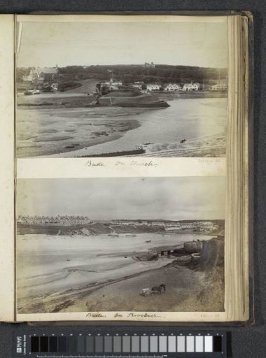 View of the coast at Bude with St. Michael Church (left) and Bude Castle (center)