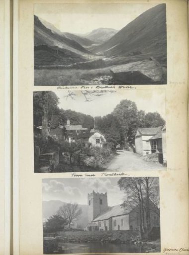 Exterior of St Oswald's Church in Grasmere, seen over a body of water