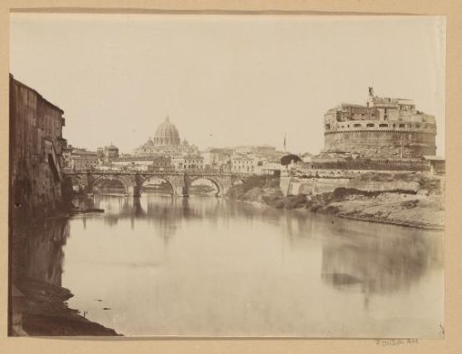 View of the Castel Sant'Angelo (right), the Ponte Sant'Angelo and the dome of St. Peter's Basilica in Rome