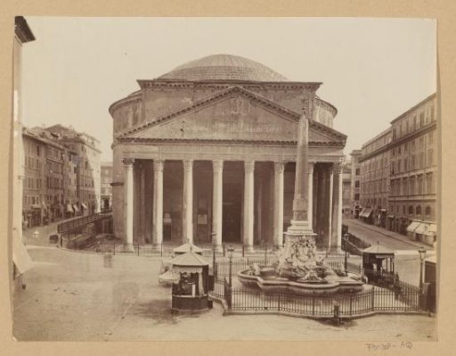 Pantheon with a fountain and kiosks in front on the Piazza della Rotonda in Rome