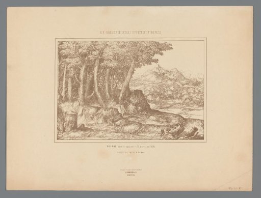 Photoreproduction of (probably) a print after a design by Titian, depicting a wooded landscape