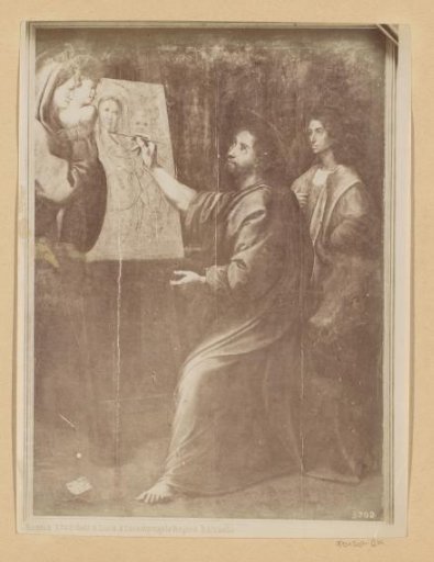 Photographic reproduction of a painting by Raphael, depicting Saint Luke painting the Virgin