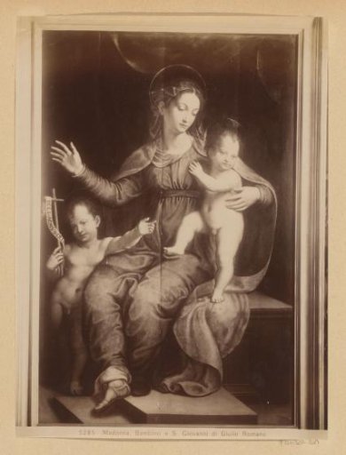 Photographic reproduction of a painting by Giulio Romano, depicting Mary with Child and John the Baptist