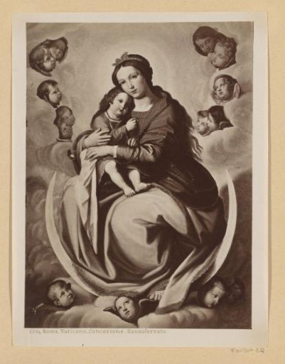 Photographic reproduction of a painting by Giovanni Battista Salvi, depicting Mary on the crescent moon surrounded by angels