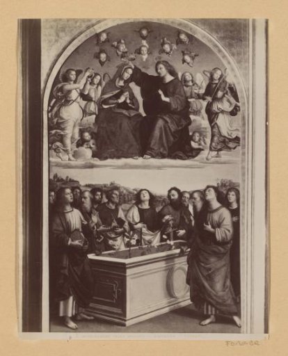 Photographic reproduction of a painting by Raphael, depicting the Coronation of Mary (Oddi altarpiece)