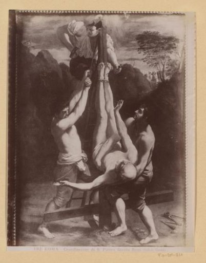 Photographic reproduction of a painting by Guido Reni, depicting the Crucifixion of Peter