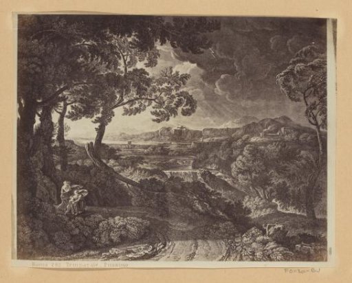 Photographic reproduction of (possibly) a print by Gaspard Dughet, depicting a landscape in a thunderstorm