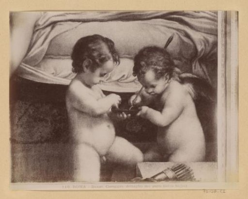 Photographic reproduction of a detail of a painting by Correggio, depicting two putti at the bed of Danaë