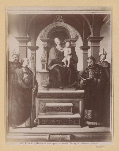Photographic reproduction of a painting by Perugino, depicting Mary with Child and four saints