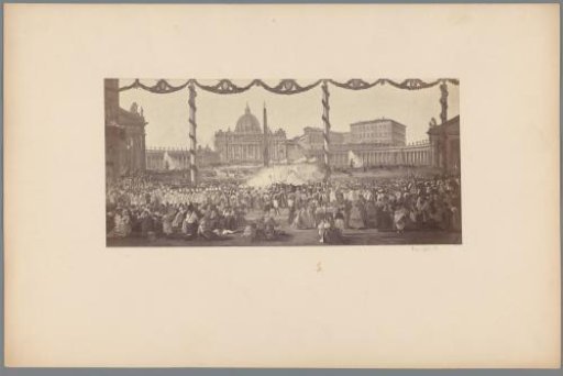 Photoreproduction of a painting by Vincenzo Giovannini, depicting the Pope on St. Peter's Square amidst a crowd during Corpus Christi