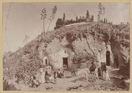 Photographic reproduction of a painting of a village scene, possibly in Albaicín, Granada