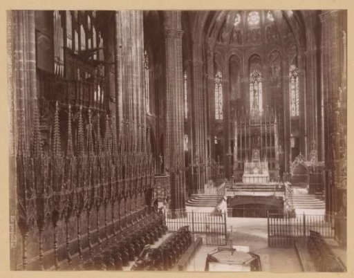 View from the choir towards the nave of the Cathedral of the Holy Cross and Saint Eulalia in Barcelona