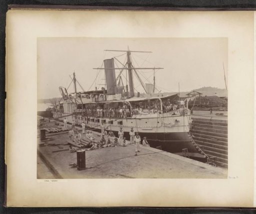 H.M.S. 'Orion' and crew in a dock of the Tanjong Pagar Dock Co. Ltd. in Singapore