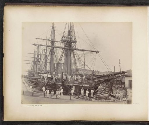 Two German warships with crew in a dock of the Tanjong Pagar Dock Co. Ltd. in Singapore