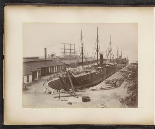 Ship in a dock of the Tanjong Pagar Dock Co. Ltd. in Singapore, seen from the clock tower