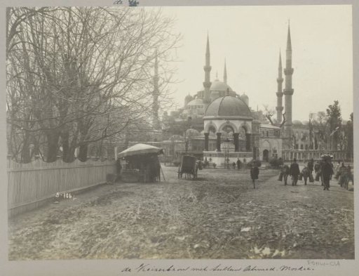 View of the Sultan Ahmed Mosque and the Emperor's Fountain in Istanbul
