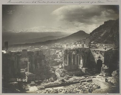 View of the Greek Theatre of Taormina and Mount Etna