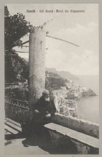 View of Amalfi from Grand Hotel dei Cappuccini, in the foreground a Capuchin monk