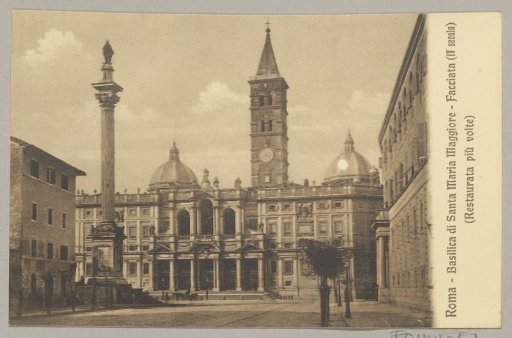 Exterior of the Basilica of Santa Maria Maggiore with a statue of Mary on a pillar to the left