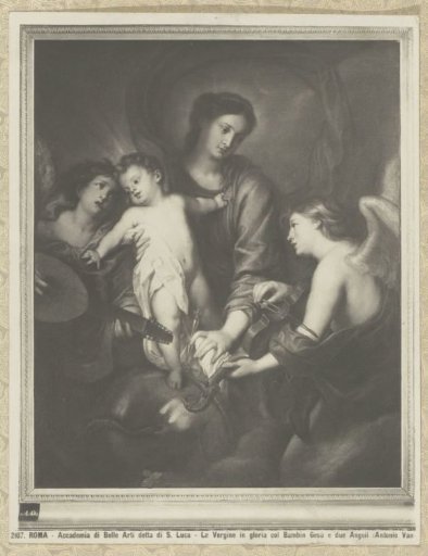 Photographic reproduction of a painting depicting Mary with Child and two music-making angels