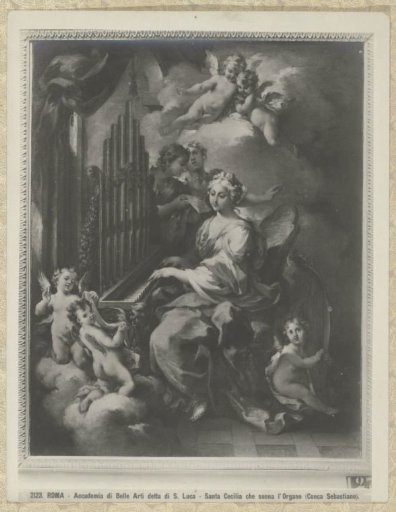 Photographic reproduction of a painting depicting Saint Cecilia playing an organ