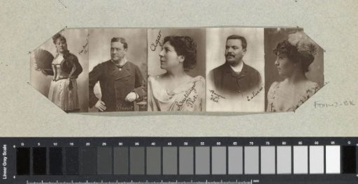 Five portraits of opera singers and actors: Blanche Deschamps, Grivot, Agar, Lalarac and Miller