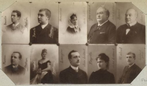 Ten portraits of singers and actors: Gosselin, Berville, Honorine, Garraud, Barré, Monteux, Wassilief, Laugier, Fayolle and Matrat