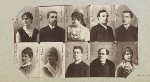 Ten portraits of singers and actors: Amel, Duflos, Merguiller, Sylvain, Truffier, Zulma-Bouffard, Du Minil, Beer, Bartel and Vrignault