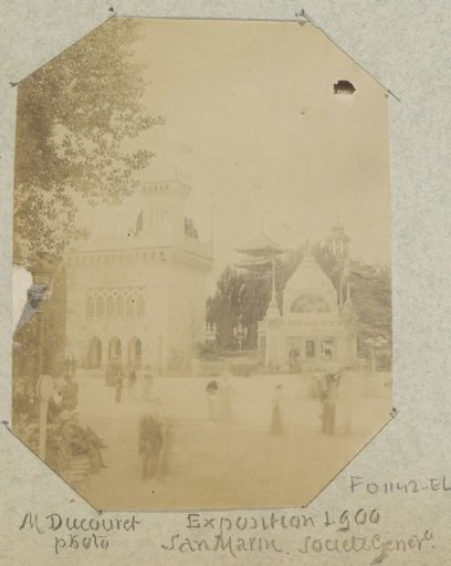 View of the pavilions of San Marino and the Société Générale during the 1900 World's Fair in Paris