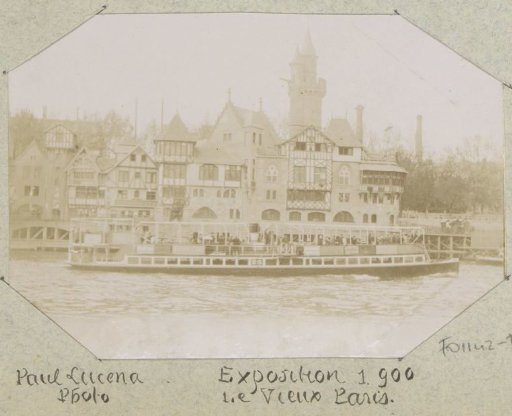 View of a Quay with Buildings (Le Vieux Paris) and a Boat during the 1900 World's Fair in Paris
