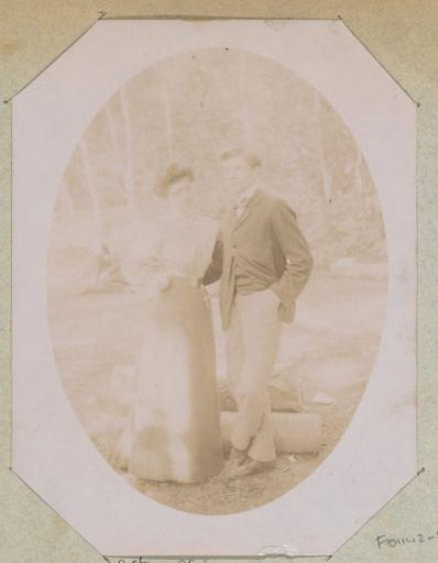 Portrait of a man and a woman in a forest, probably in France