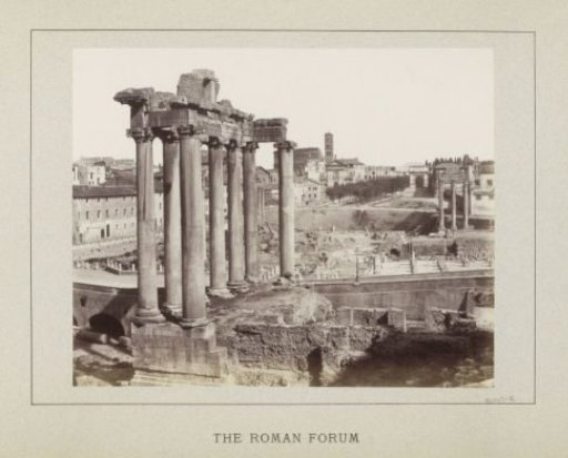 View of the Roman Forum in Rome with the columns of the Temple of Saturn on the left