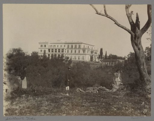 View of the Achilleion on Corfu with three persons in the foreground
