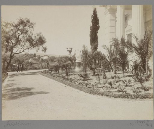Garden of the Achilleion on Corfu with statues and men