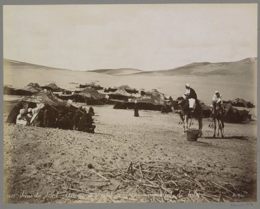 Camp with tents and camels in the desert of (presumably) Egypt